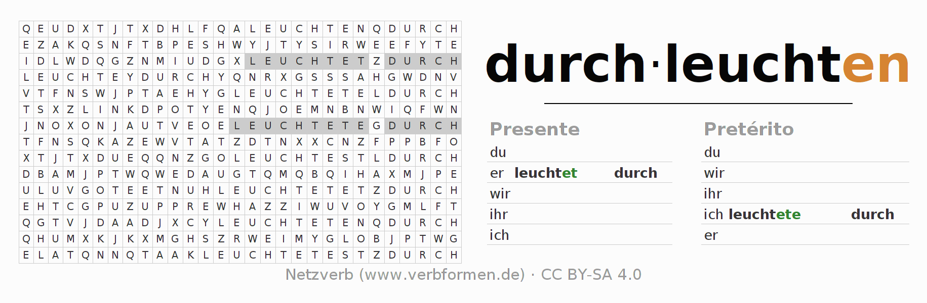 Caça-palavras com a conjugação do verbo durch-leuchten