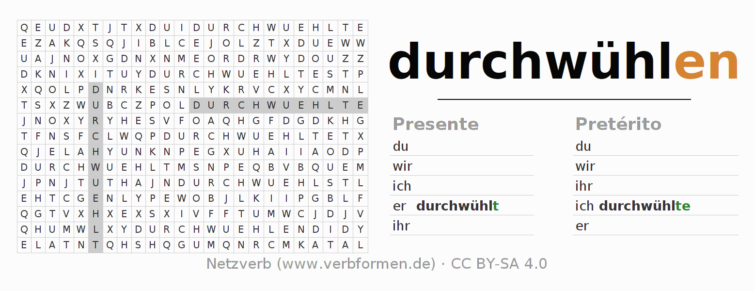 Caça-palavras com a conjugação do verbo durchwühlen