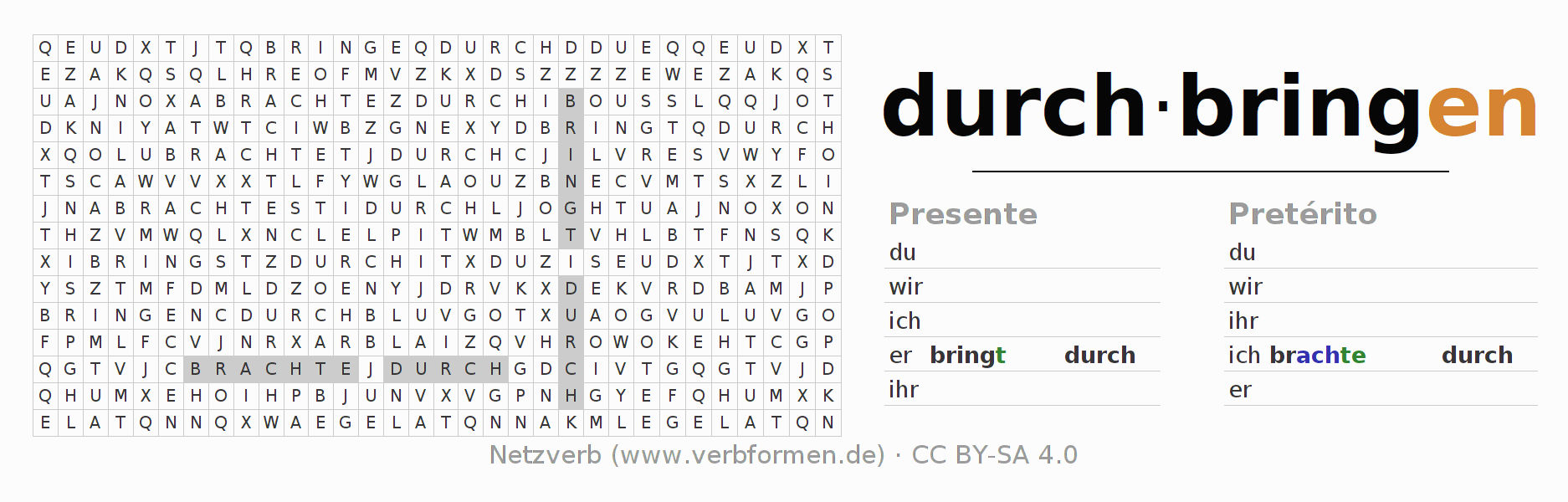 Caça-palavras com a conjugação do verbo durchbringen