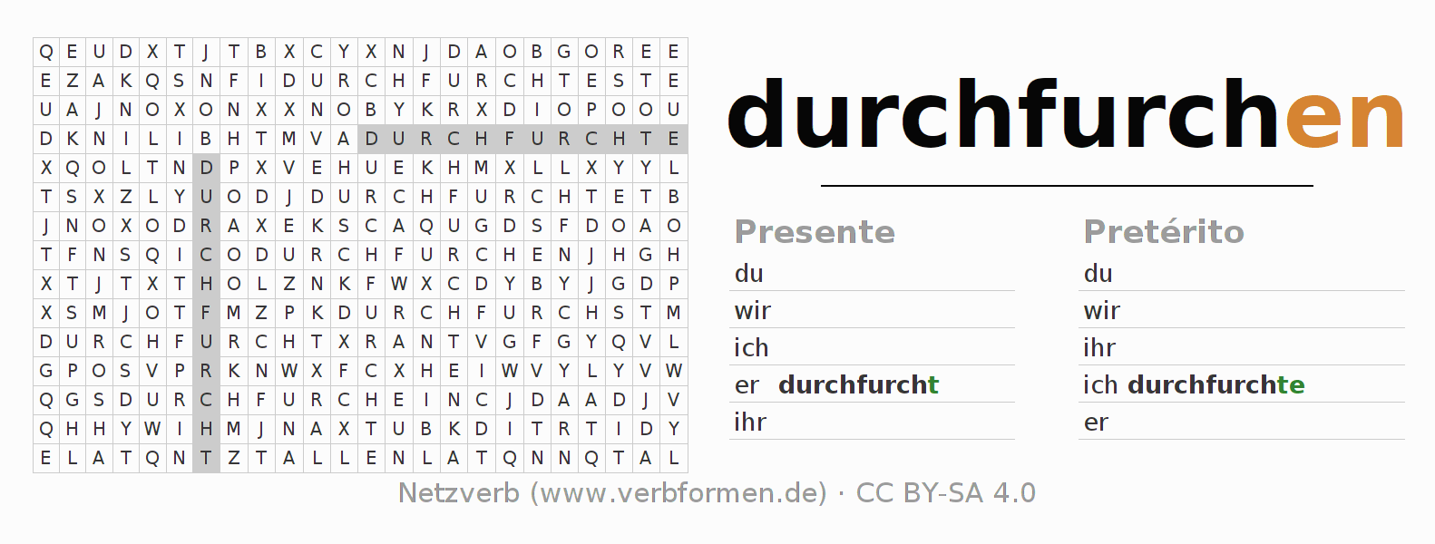 Caça-palavras com a conjugação do verbo durchfurchen