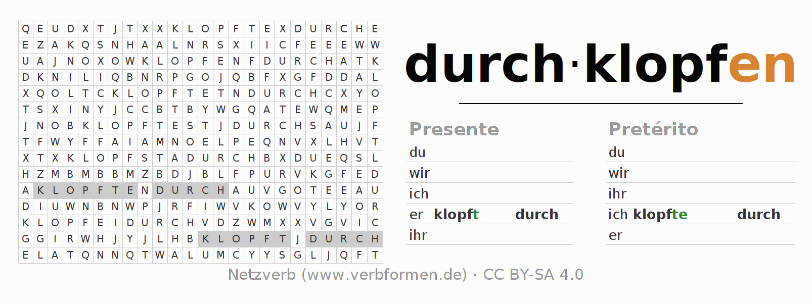 Caça-palavras com a conjugação do verbo durchklopfen
