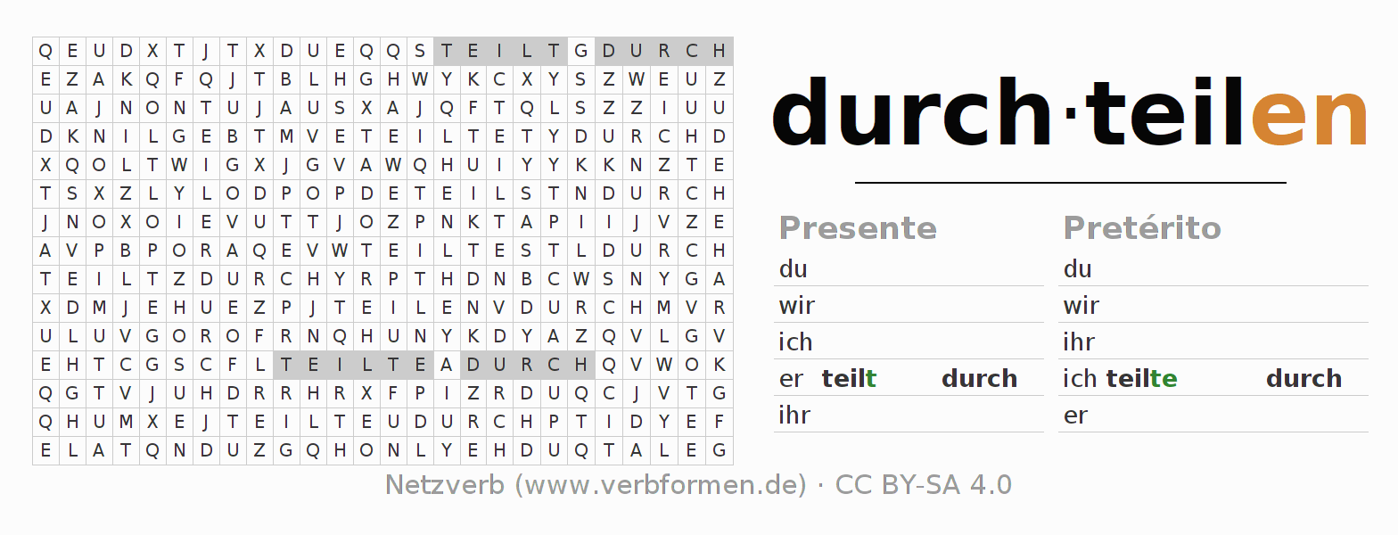 Caça-palavras com a conjugação do verbo durchteilen