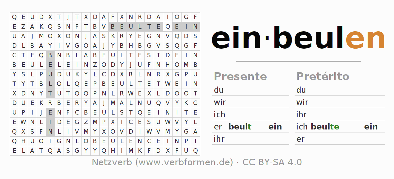 Caça-palavras com a conjugação do verbo einbeulen