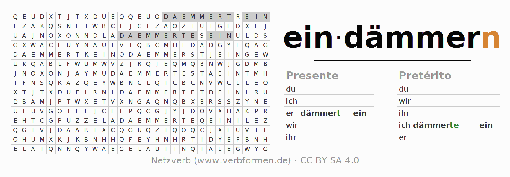 Caça-palavras com a conjugação do verbo eindämmern (hat)