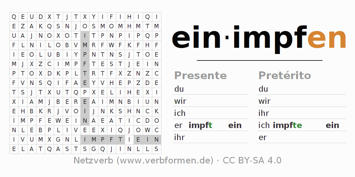 Caça-palavras com a conjugação do verbo einimpfen