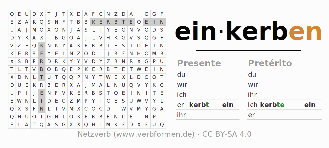 Caça-palavras com a conjugação do verbo einkerben