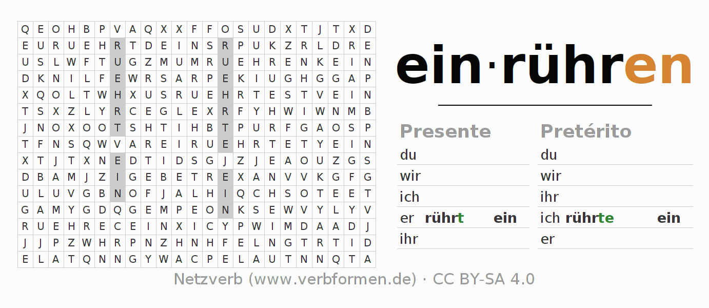 Caça-palavras com a conjugação do verbo einrühren