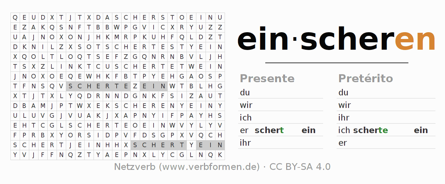 Caça-palavras com a conjugação do verbo einscheren