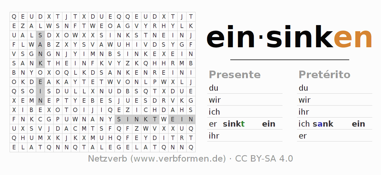 Caça-palavras com a conjugação do verbo einsinken