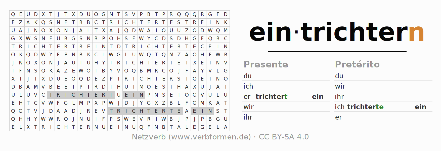 Caça-palavras com a conjugação do verbo eintrichtern