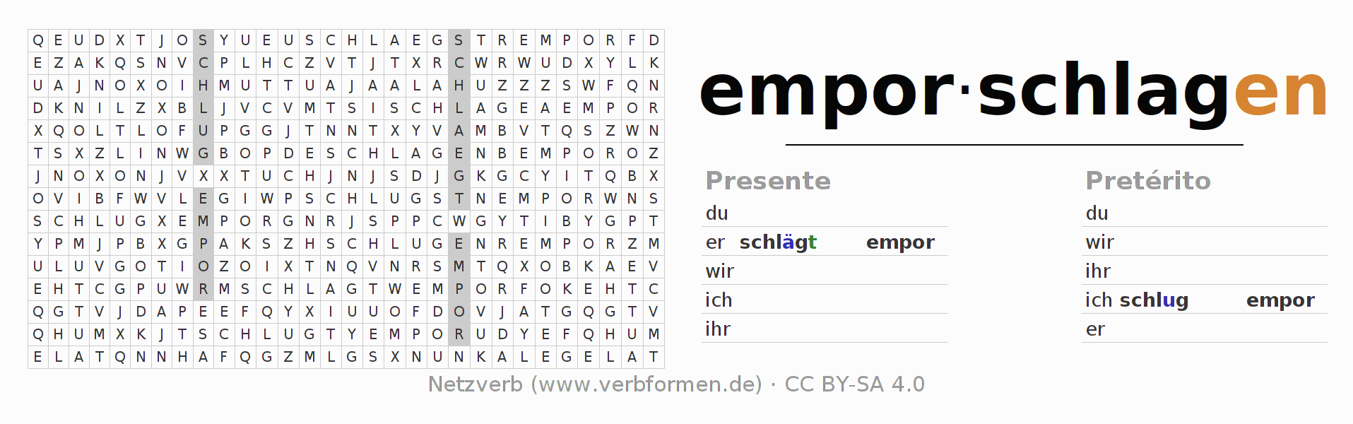 Caça-palavras com a conjugação do verbo emporschlagen