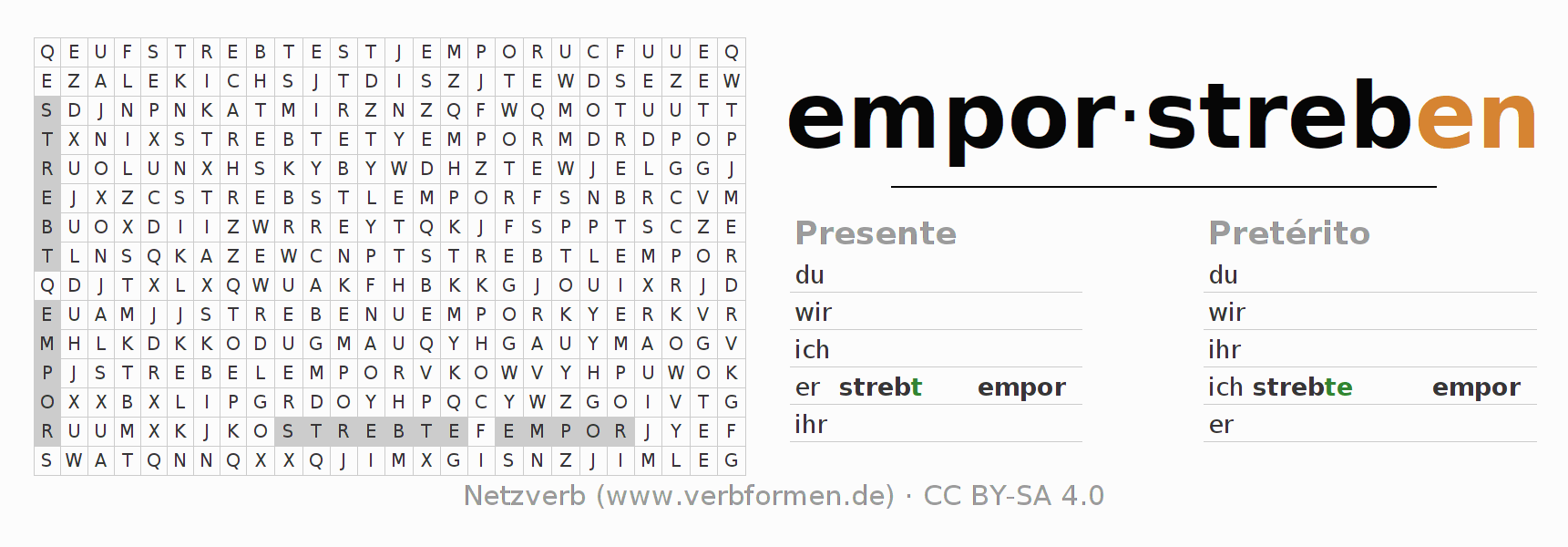 Caça-palavras com a conjugação do verbo emporstreben