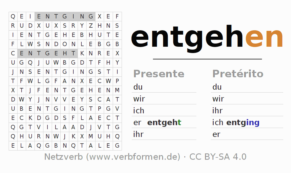 Caça-palavras com a conjugação do verbo entgehen