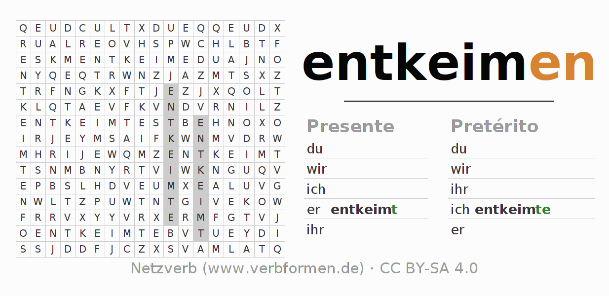 Caça-palavras com a conjugação do verbo entkeimen
