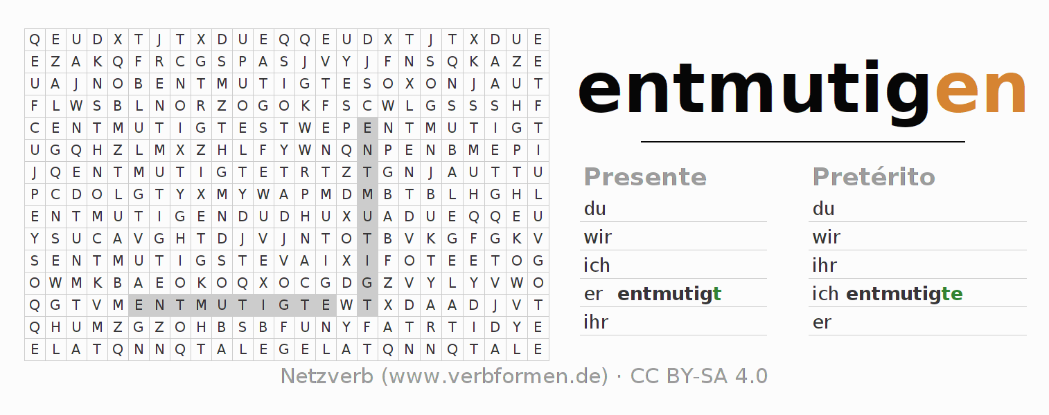 Caça-palavras com a conjugação do verbo entmutigen