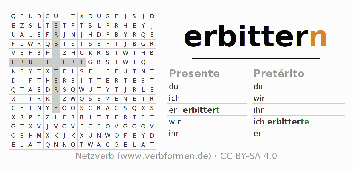 Caça-palavras com a conjugação do verbo erbittern