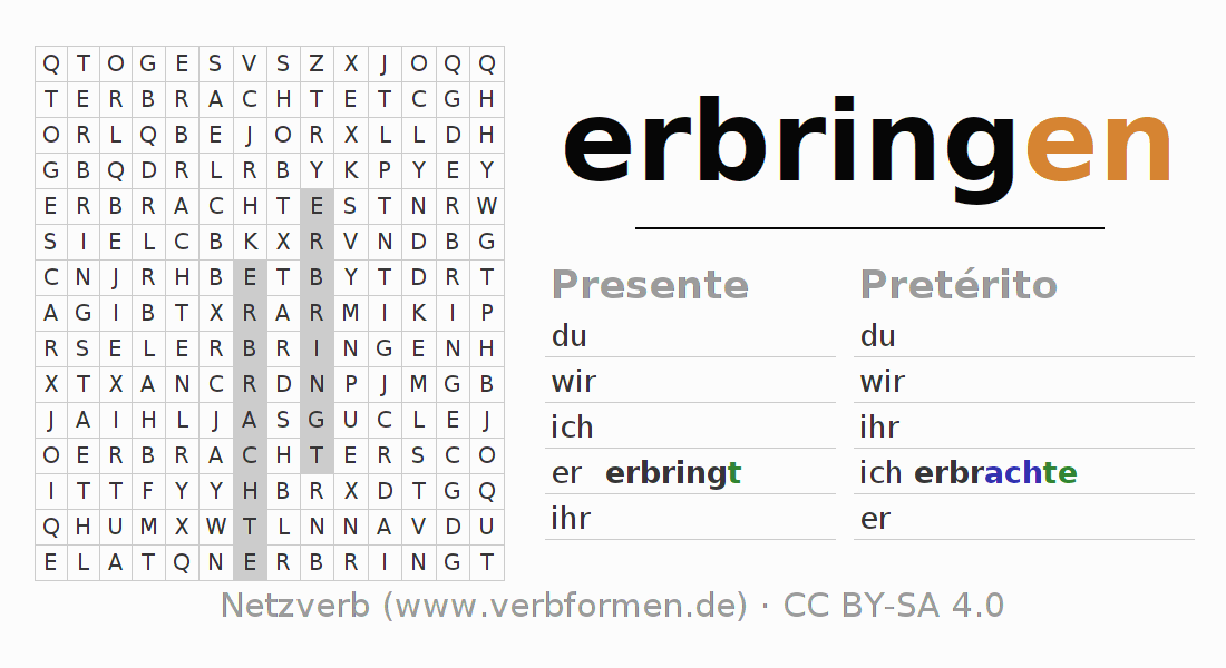 Caça-palavras com a conjugação do verbo erbringen