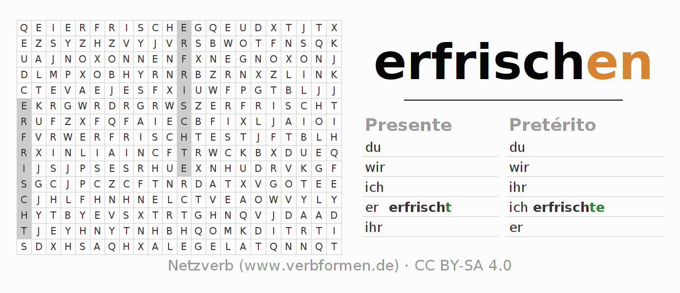 Caça-palavras com a conjugação do verbo erfrischen