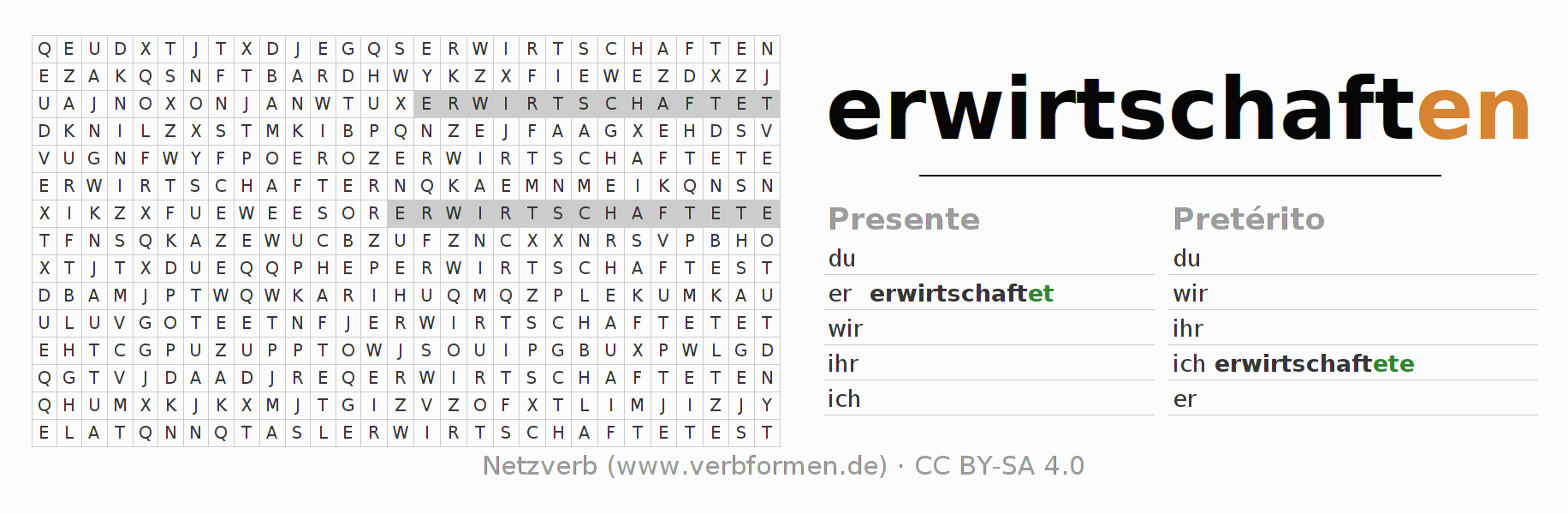 Caça-palavras com a conjugação do verbo erwirtschaften