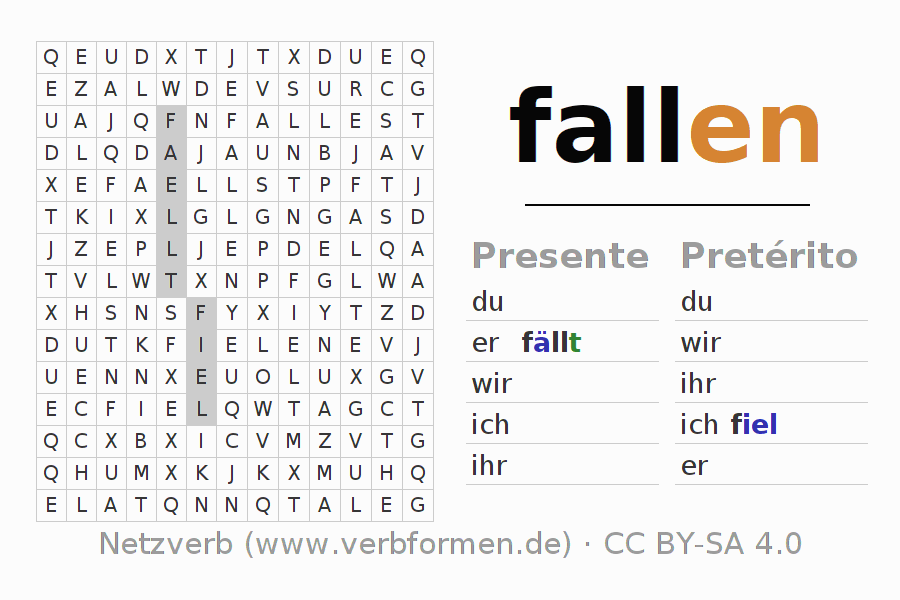 Caça-palavras com a conjugação do verbo fallen