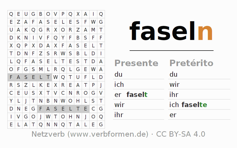 Caça-palavras com a conjugação do verbo faseln