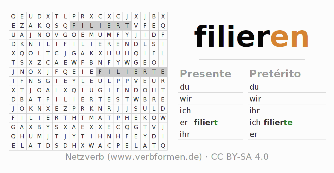 Caça-palavras com a conjugação do verbo filieren