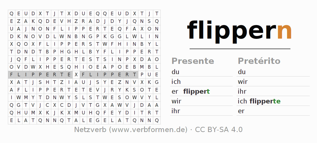Caça-palavras com a conjugação do verbo flippern