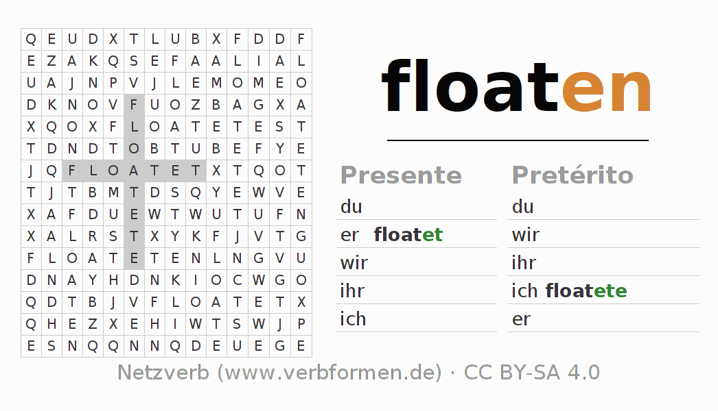 Caça-palavras com a conjugação do verbo floaten