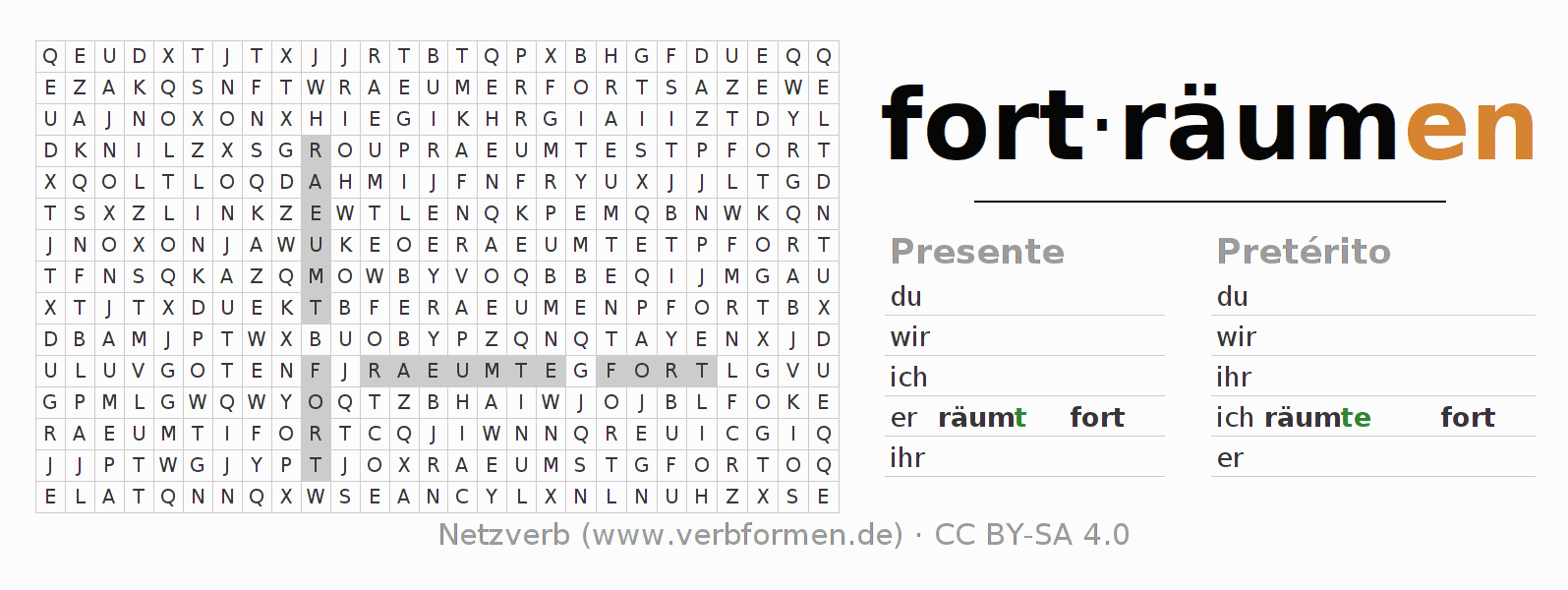 Caça-palavras com a conjugação do verbo forträumen