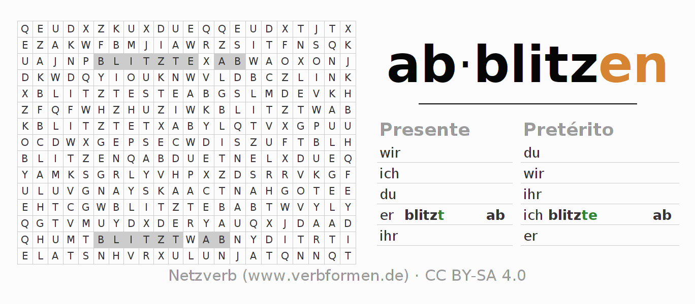 Caça-palavras com a conjugação do verbo abblitzen