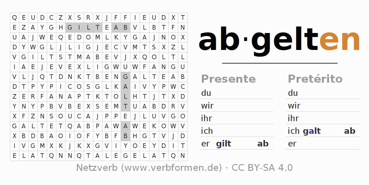 Caça-palavras com a conjugação do verbo abgelten