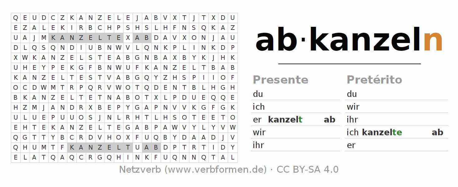 Caça-palavras com a conjugação do verbo abkanzeln