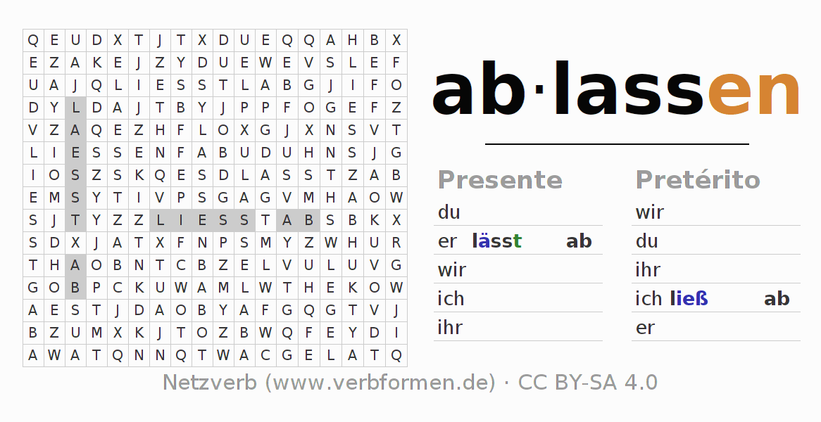Caça-palavras com a conjugação do verbo ablassen