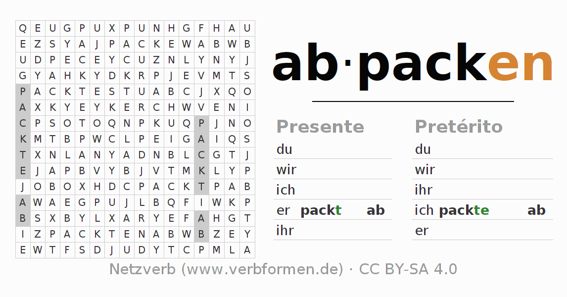 Caça-palavras com a conjugação do verbo abpacken