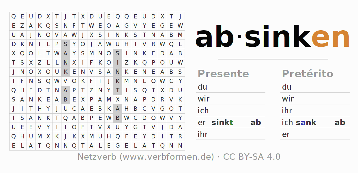 Caça-palavras com a conjugação do verbo absinken