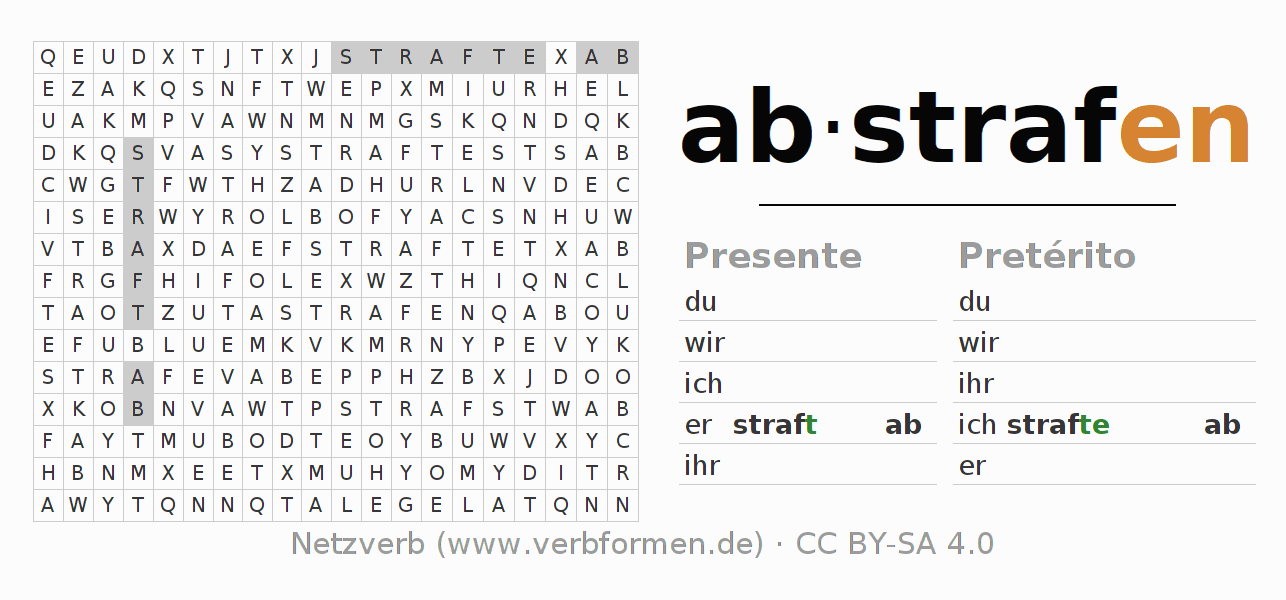 Caça-palavras com a conjugação do verbo abstrafen