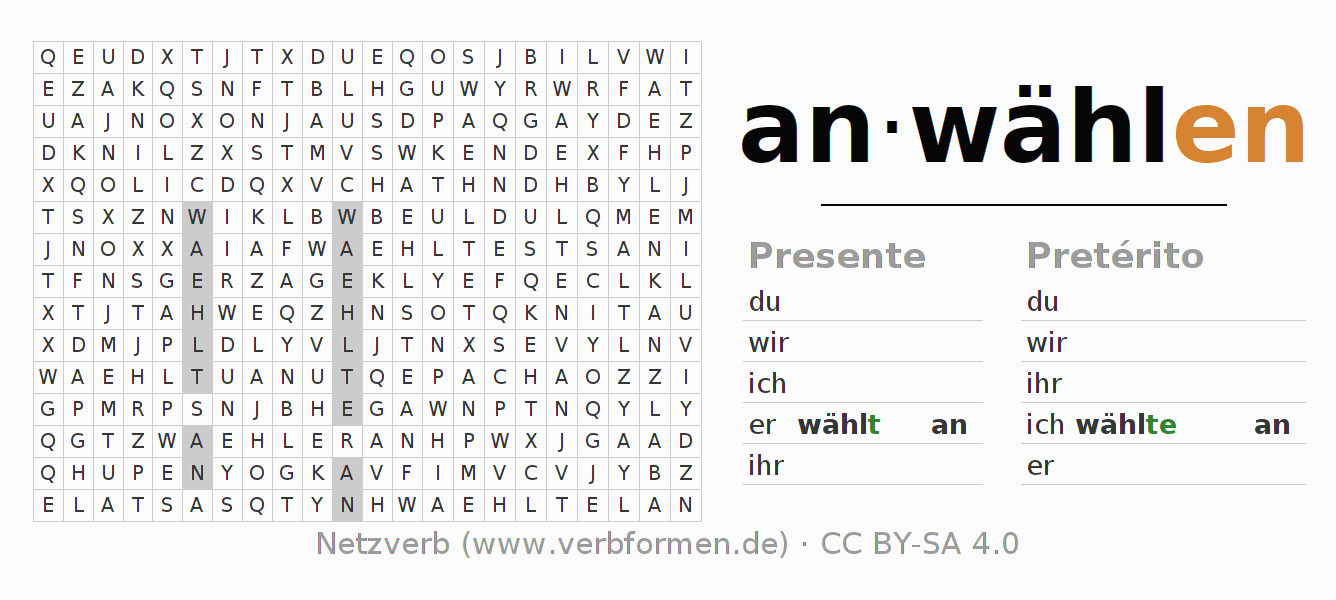 Caça-palavras com a conjugação do verbo anwählen