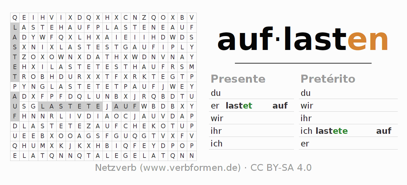 Caça-palavras com a conjugação do verbo auflasten