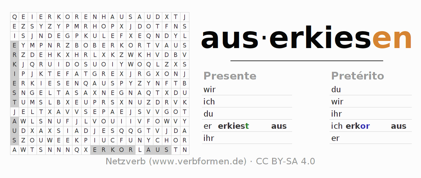 Caça-palavras com a conjugação do verbo auserkiesen
