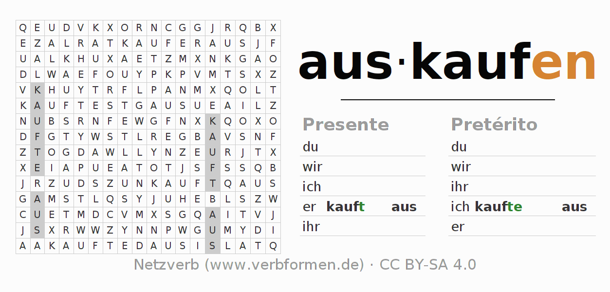 Caça-palavras com a conjugação do verbo auskaufen