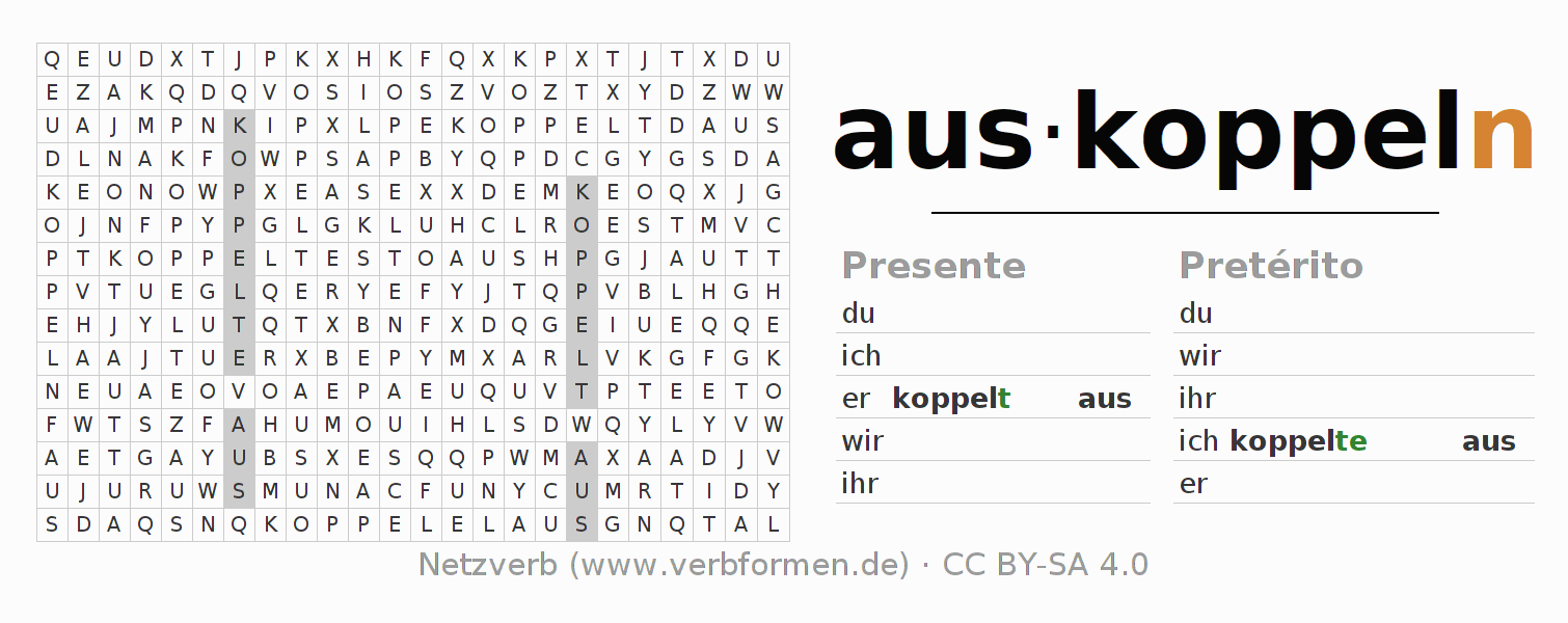 Caça-palavras com a conjugação do verbo auskoppeln