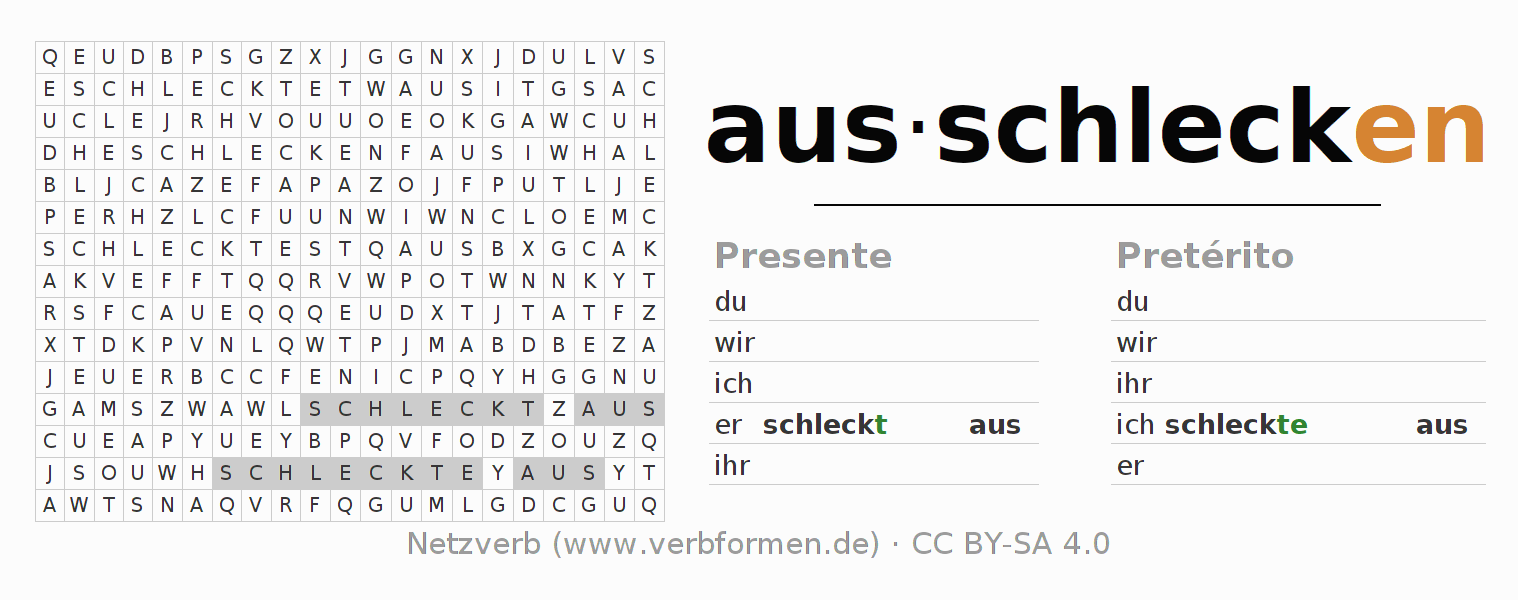 Caça-palavras com a conjugação do verbo ausschlecken