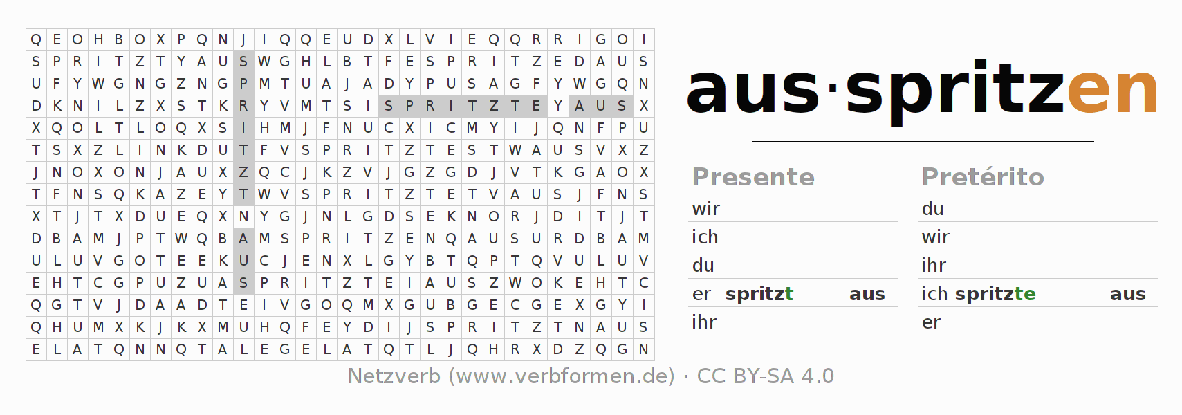 Caça-palavras com a conjugação do verbo ausspritzen