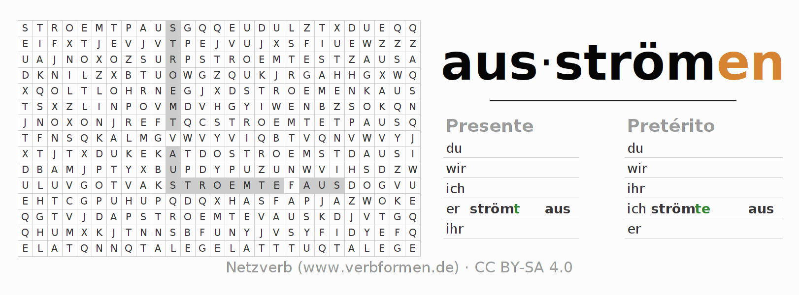 Caça-palavras com a conjugação do verbo ausströmen (hat)