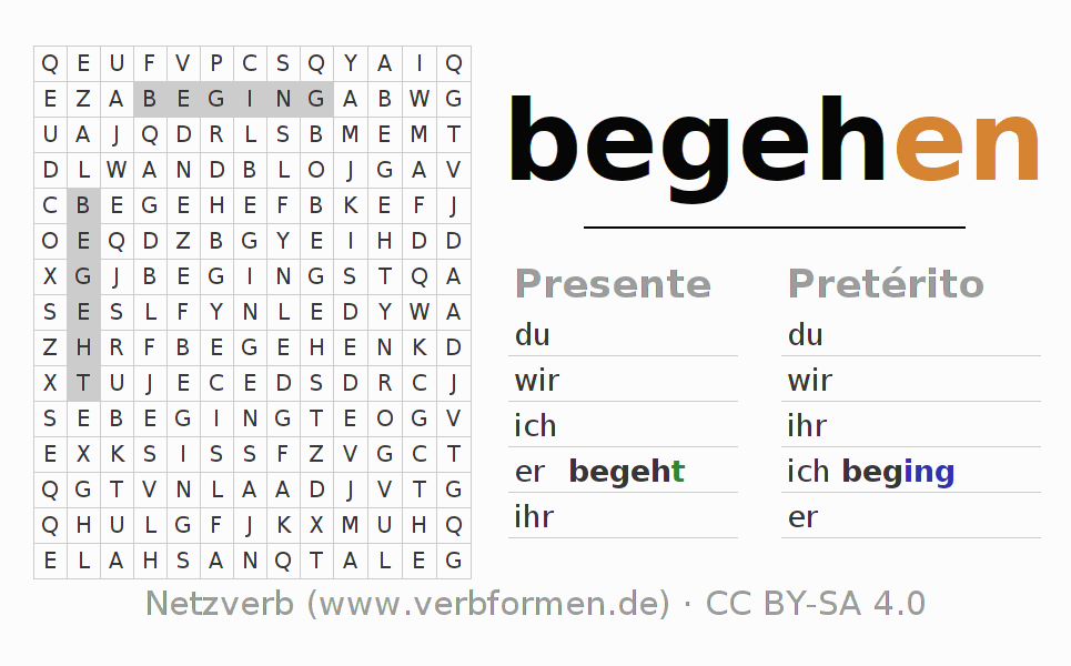 Caça-palavras com a conjugação do verbo begehen