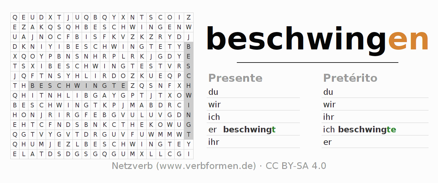 Caça-palavras com a conjugação do verbo beschwingen