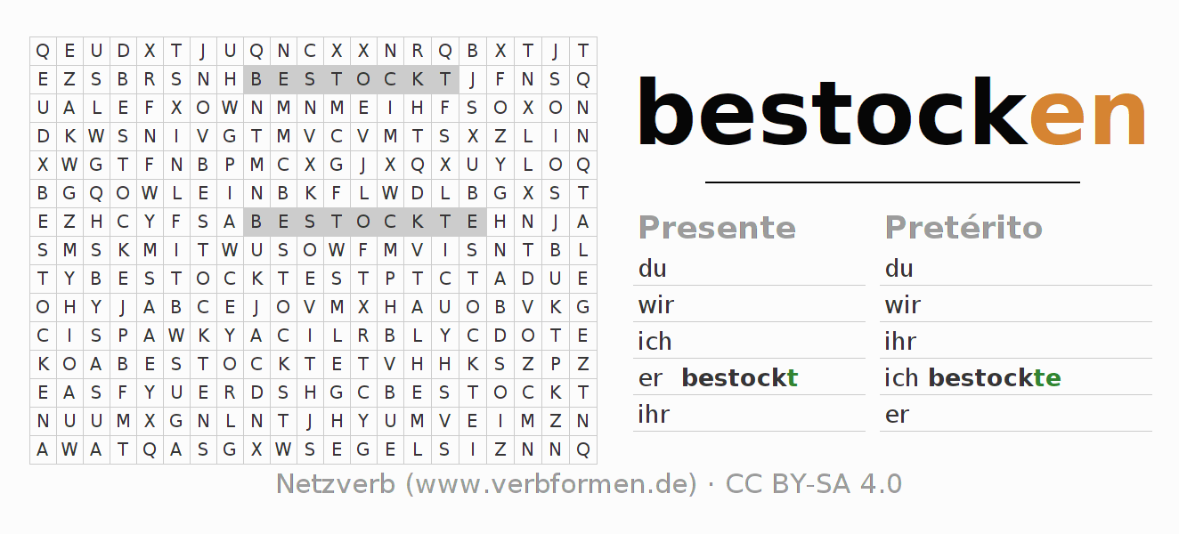 Caça-palavras com a conjugação do verbo bestocken