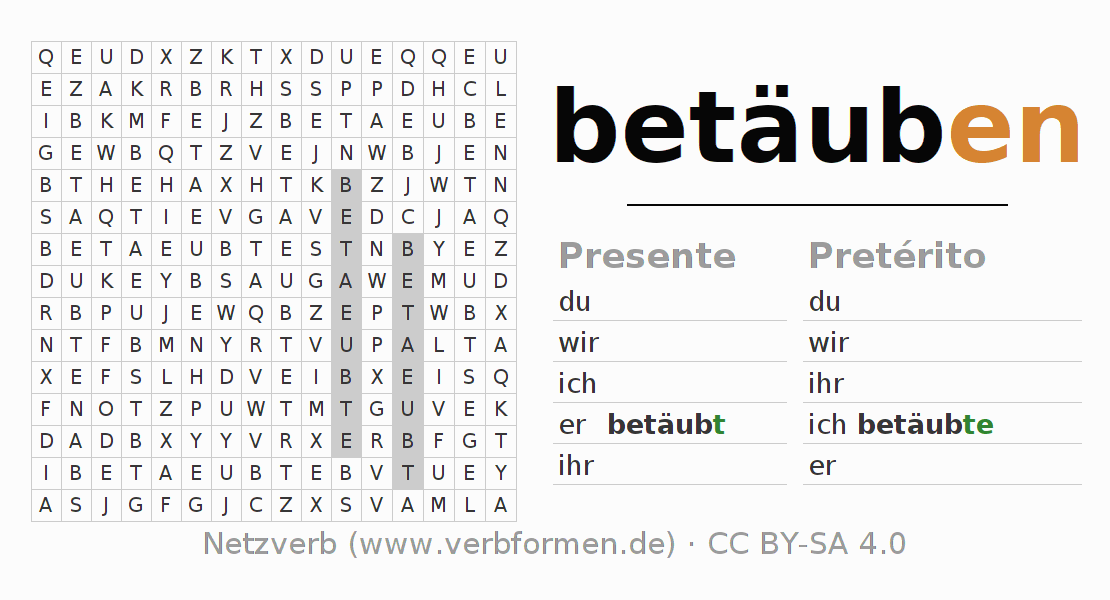 Caça-palavras com a conjugação do verbo betäuben