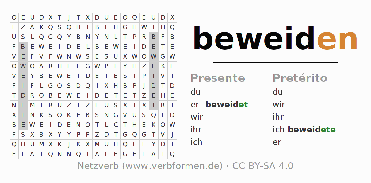 Caça-palavras com a conjugação do verbo beweiden