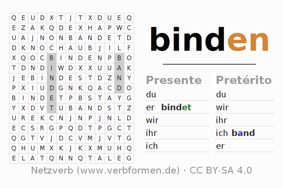 Caça-palavras com a conjugação do verbo binden